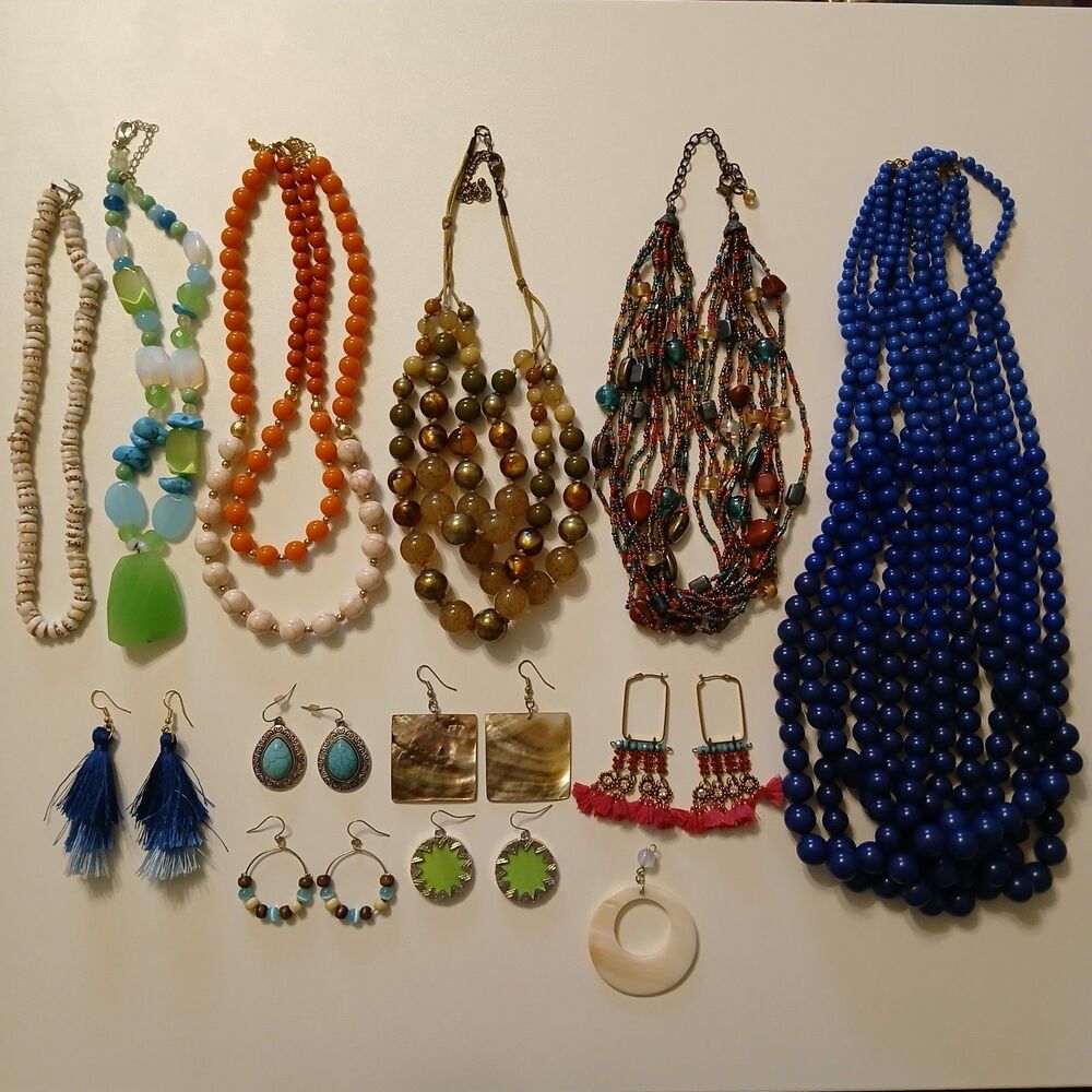 13pc Summer Festival Boho Jewelry Lot Cobalt Blue Shell Tassel Faux Turquoise